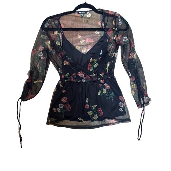 EXPRESS WHIMSY GOTH MESH SHEER FLORAL BLOUSE NWOT SIZE X SMALL - Picture 3 of 7